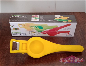 Bright yellow 2 in 1 lemon squeezer and bottle opener with ergonomic design for easy use in the kitchen