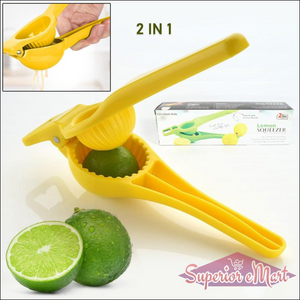 2 in 1 lemon squeezer and bottle opener in yellow with lime fruit and packaging visible