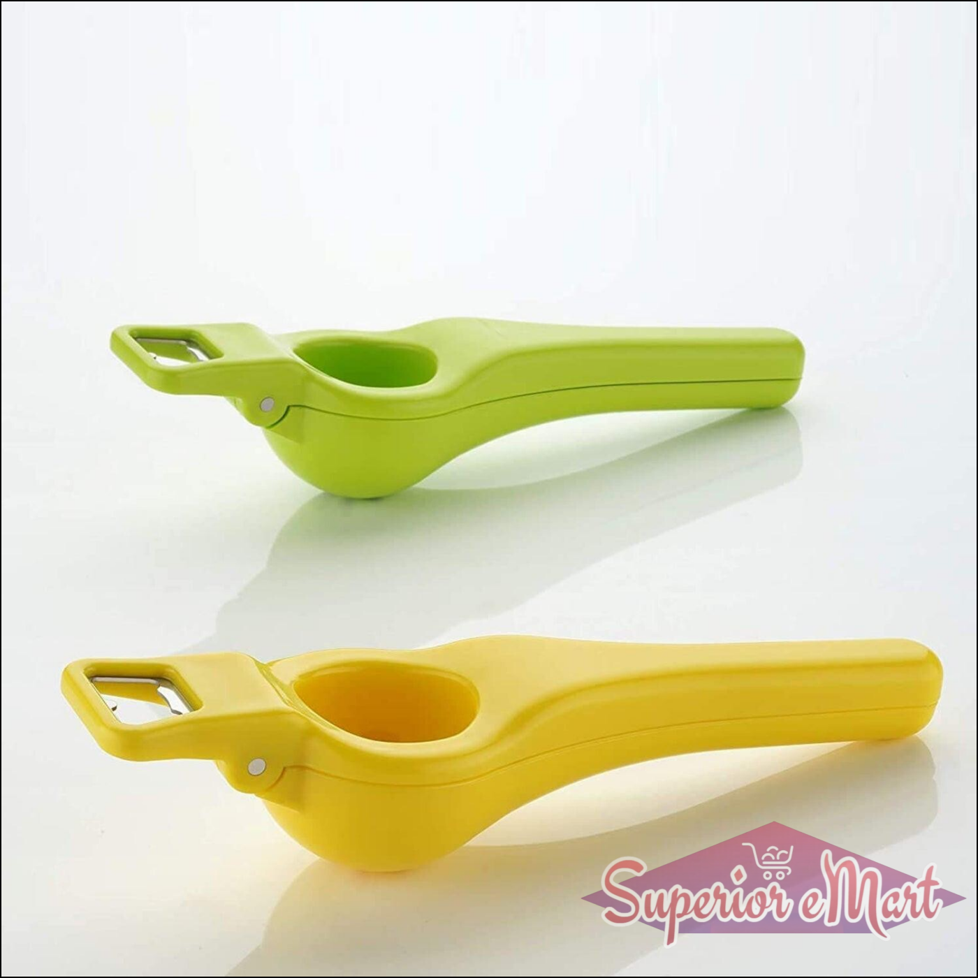 2 in 1 lemon squeezer and bottle opener in green and yellow for efficient kitchen use