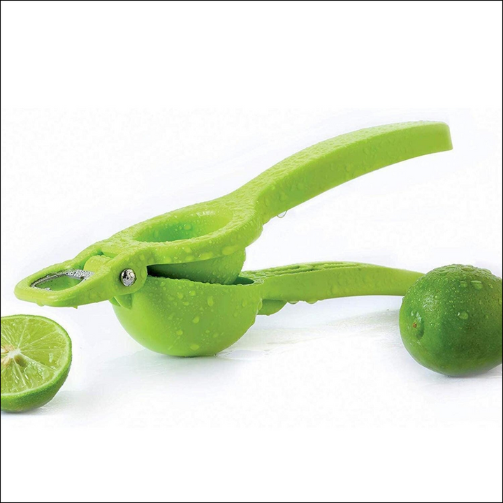 2 in 1 lemon squeezer and bottle opener in green color with fresh limes