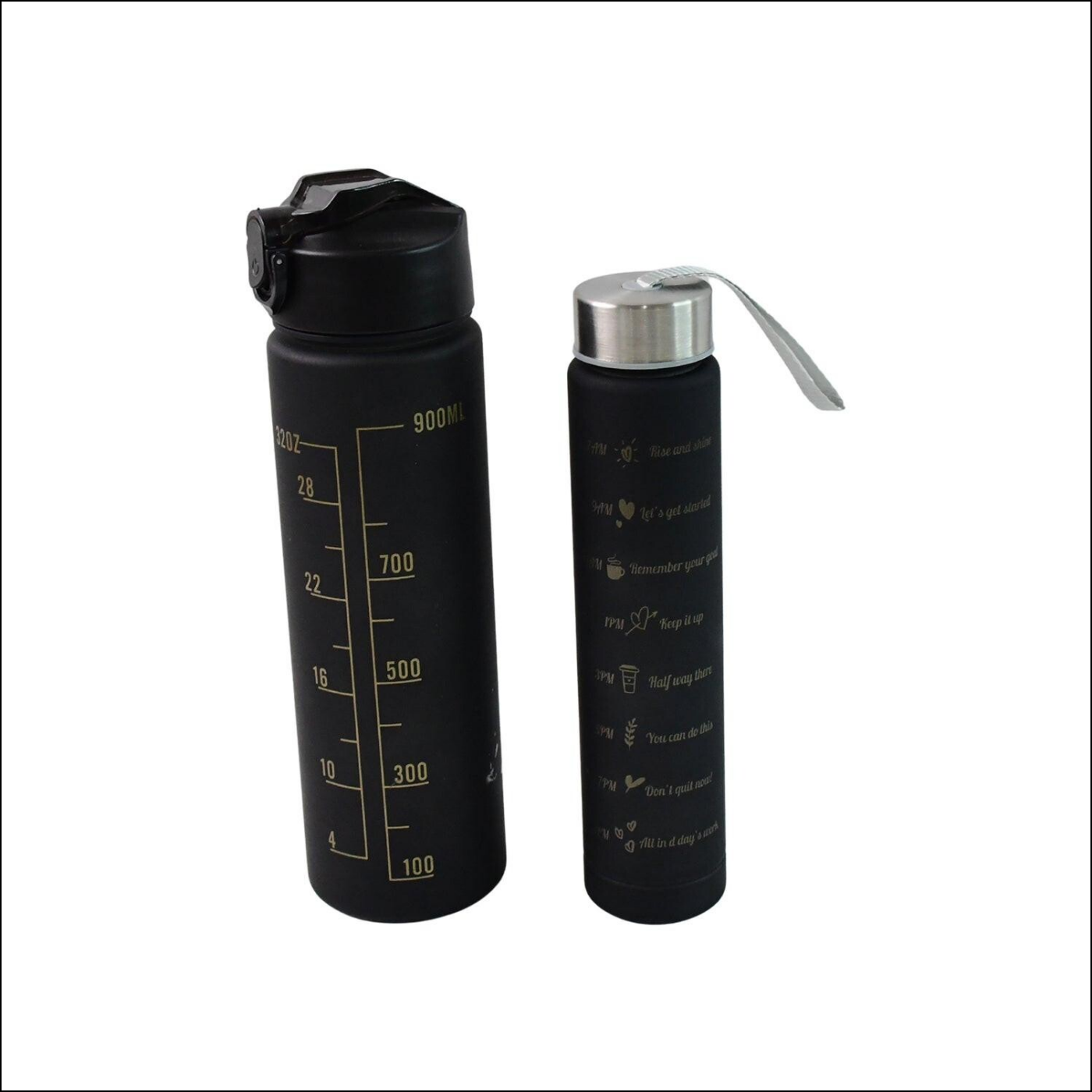 Motivational water bottle set with measurement markers for hydration and inspiration on the go