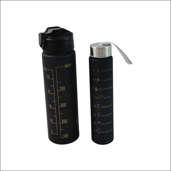 Motivational water bottle set with measurement markers for hydration and inspiration on the go