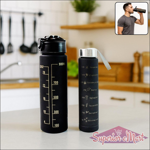 Motivational water bottle set in sleek black design for hydration and inspiration throughout the day