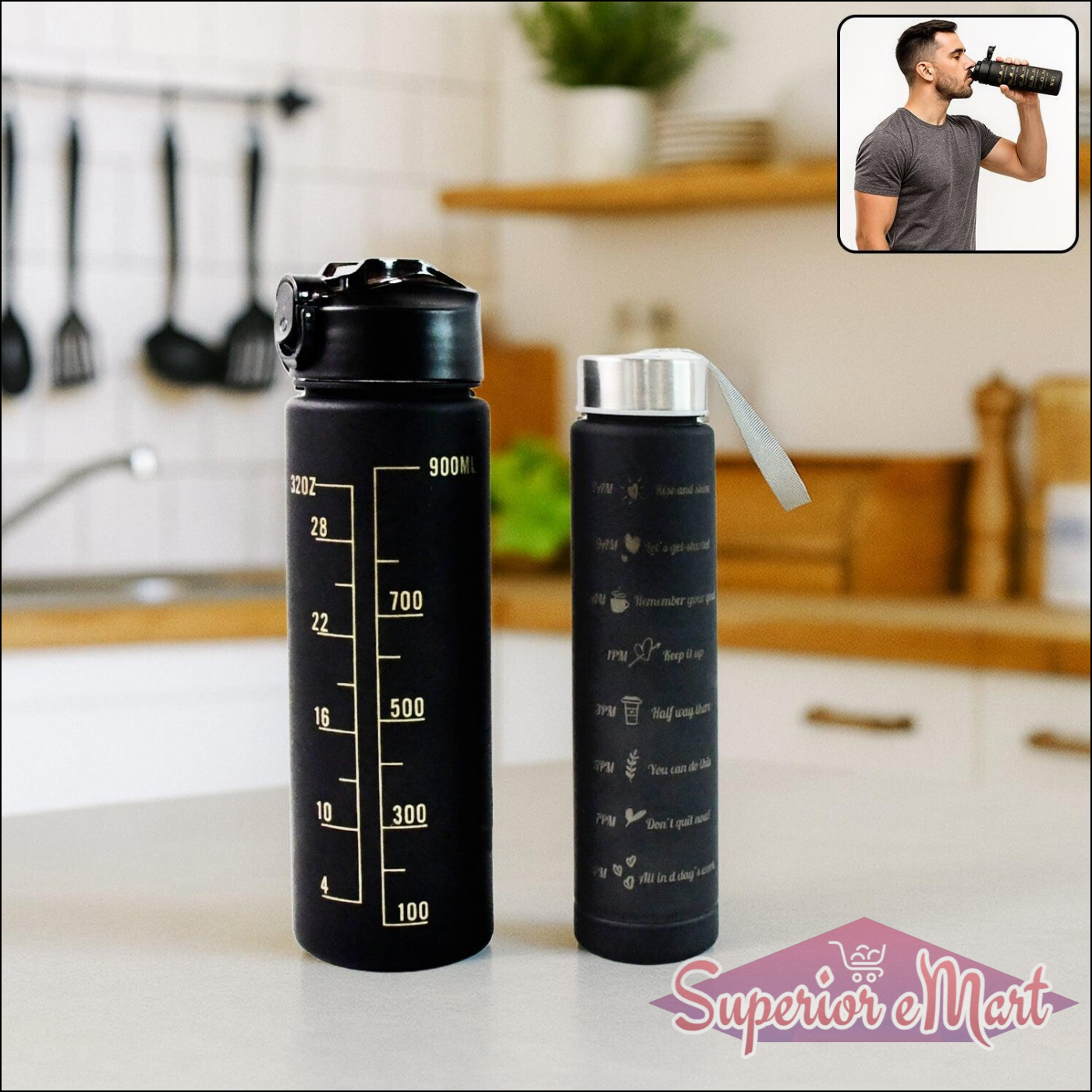 Motivational water bottle set in sleek black design for hydration and inspiration throughout the day