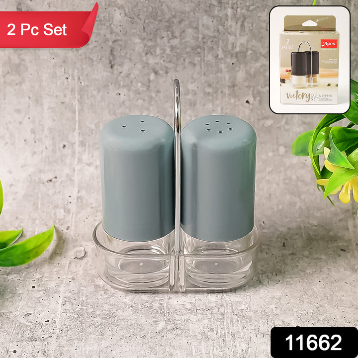 2 piece seasoning dispenser set with gray tops and clear bottoms in a metal holder by Superior eMart