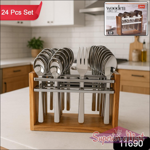24 Piece Stainless Steel Cutlery Set with Wooden Stand - Superior eMart