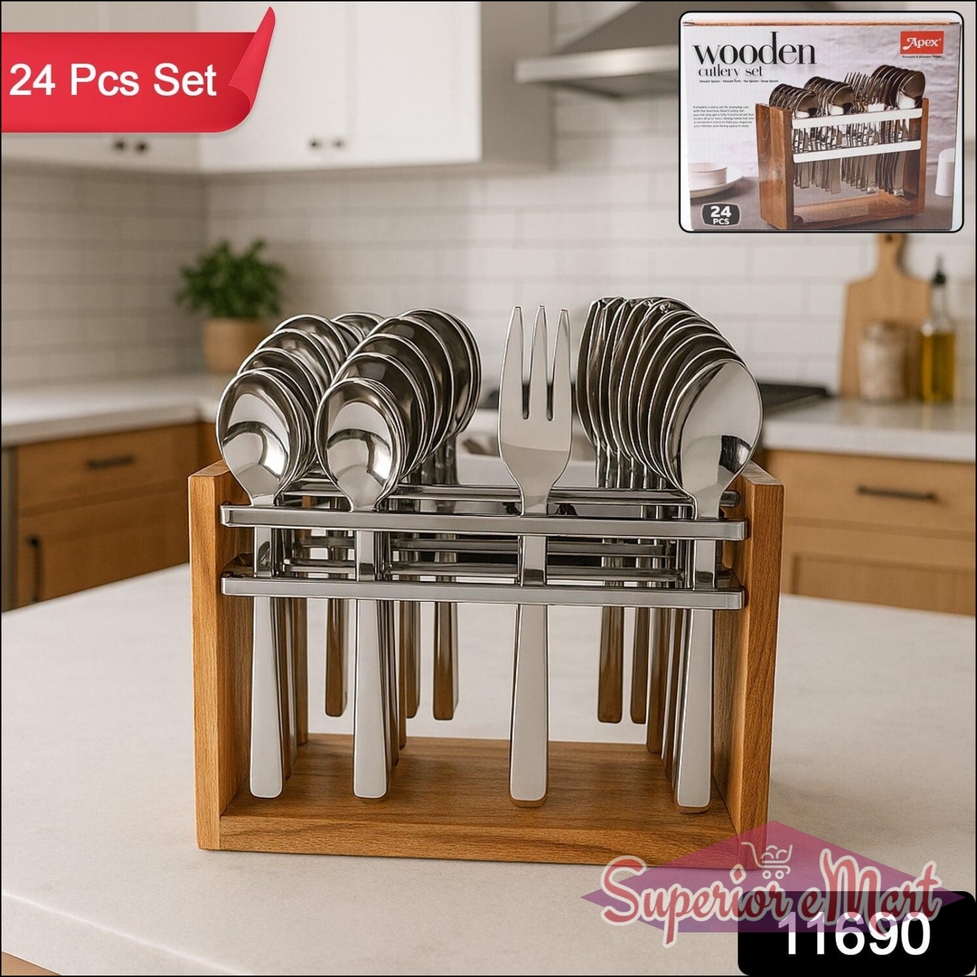 24 Piece Stainless Steel Cutlery Set with Wooden Stand - Superior eMart