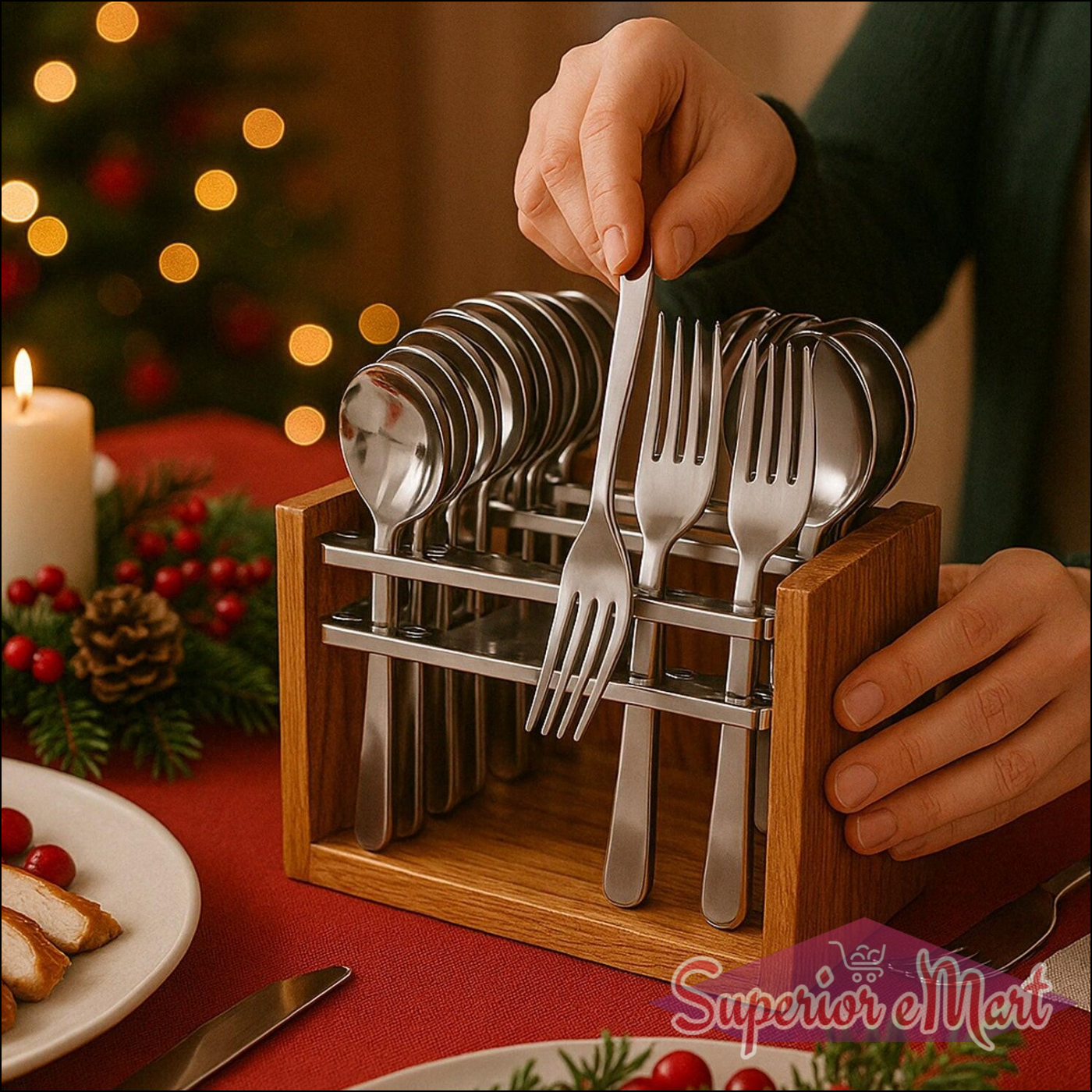 24 Piece Stainless Steel Cutlery Set with Wooden Stand - Superior eMart