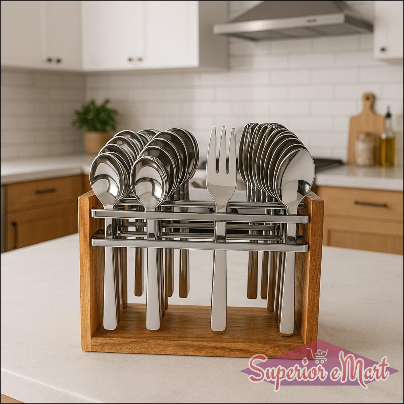 24 Piece Stainless Steel Cutlery Set with Wooden Stand - Superior eMart