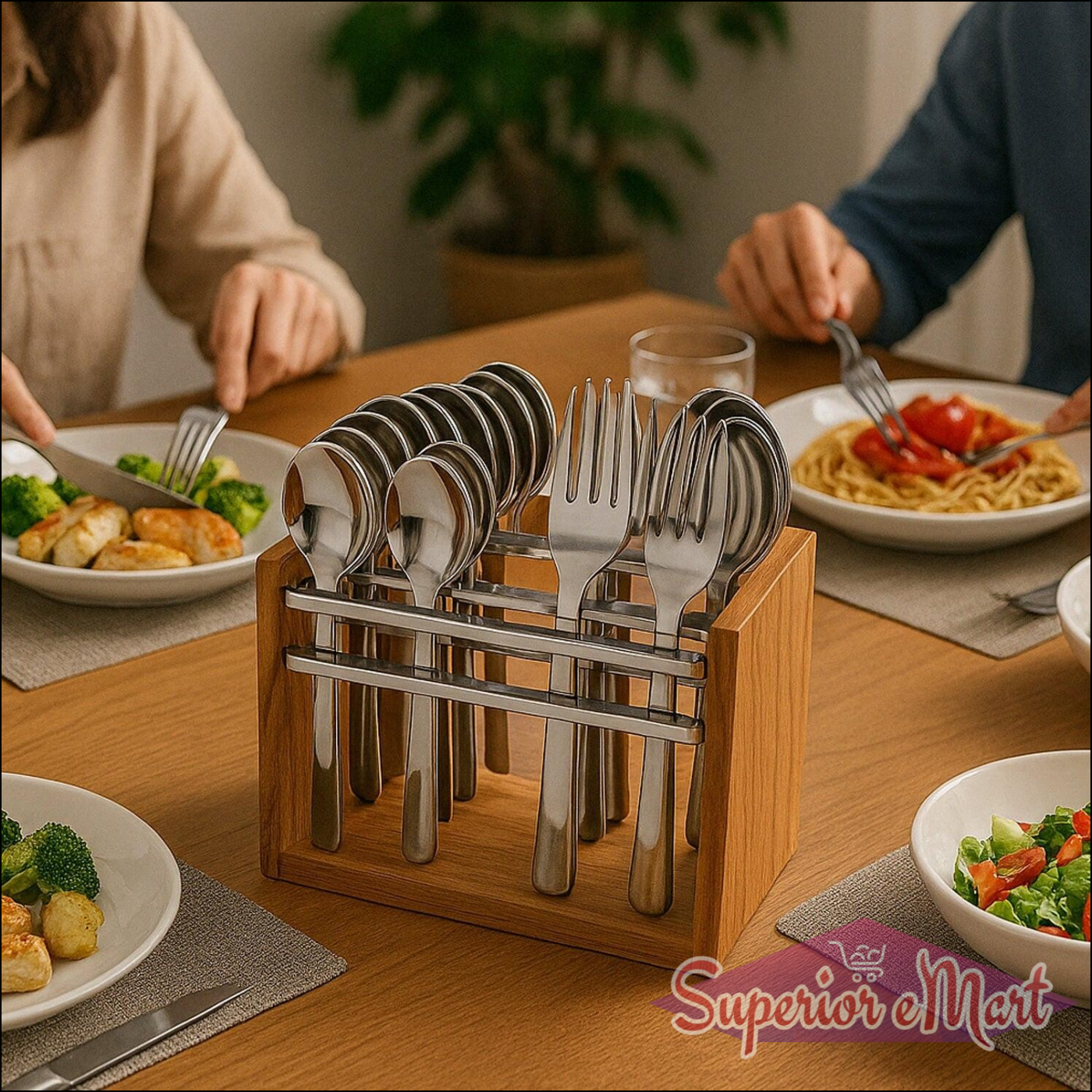 24 Piece Stainless Steel Cutlery Set with Wooden Stand - Superior eMart