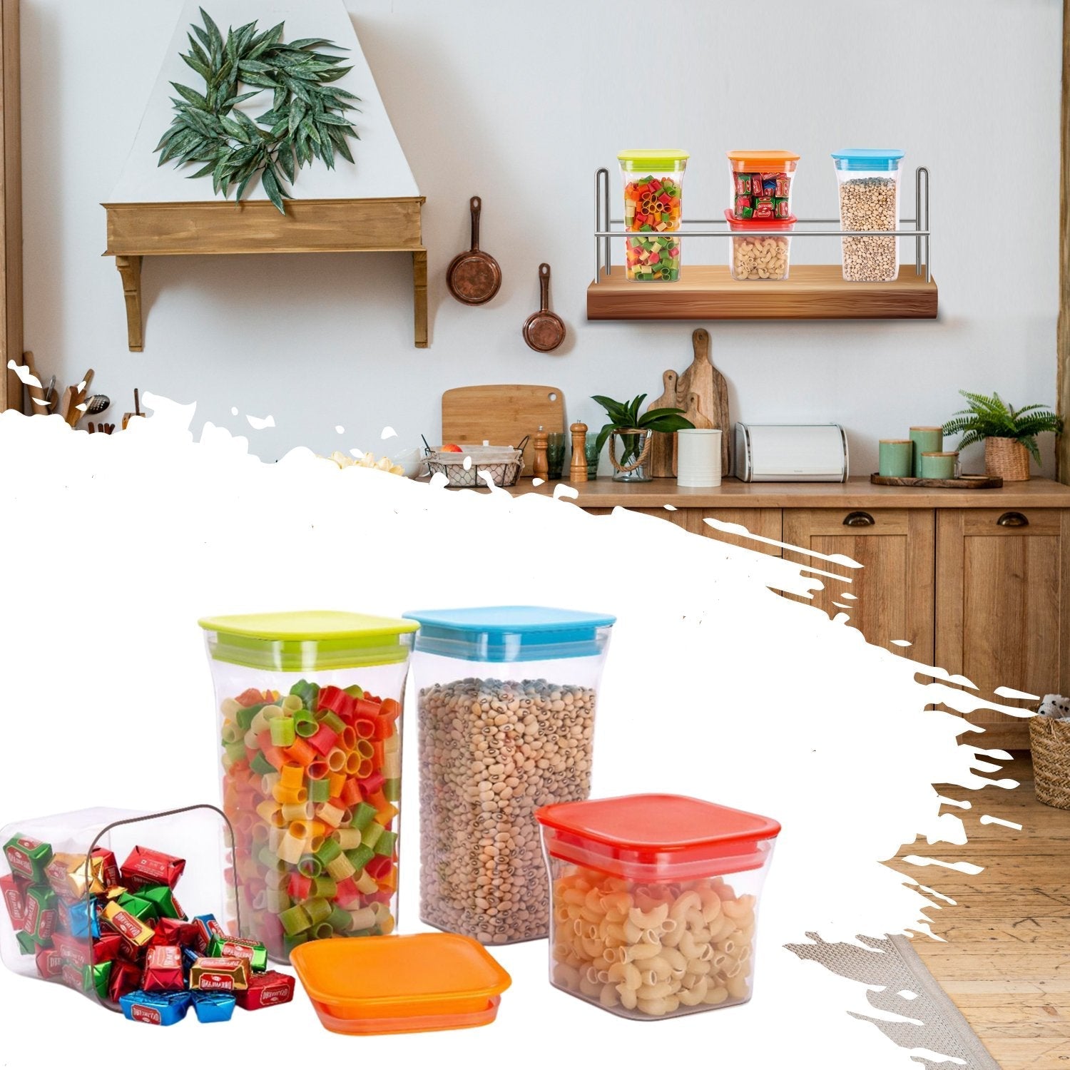 Set of plastic containers with functional opening lids