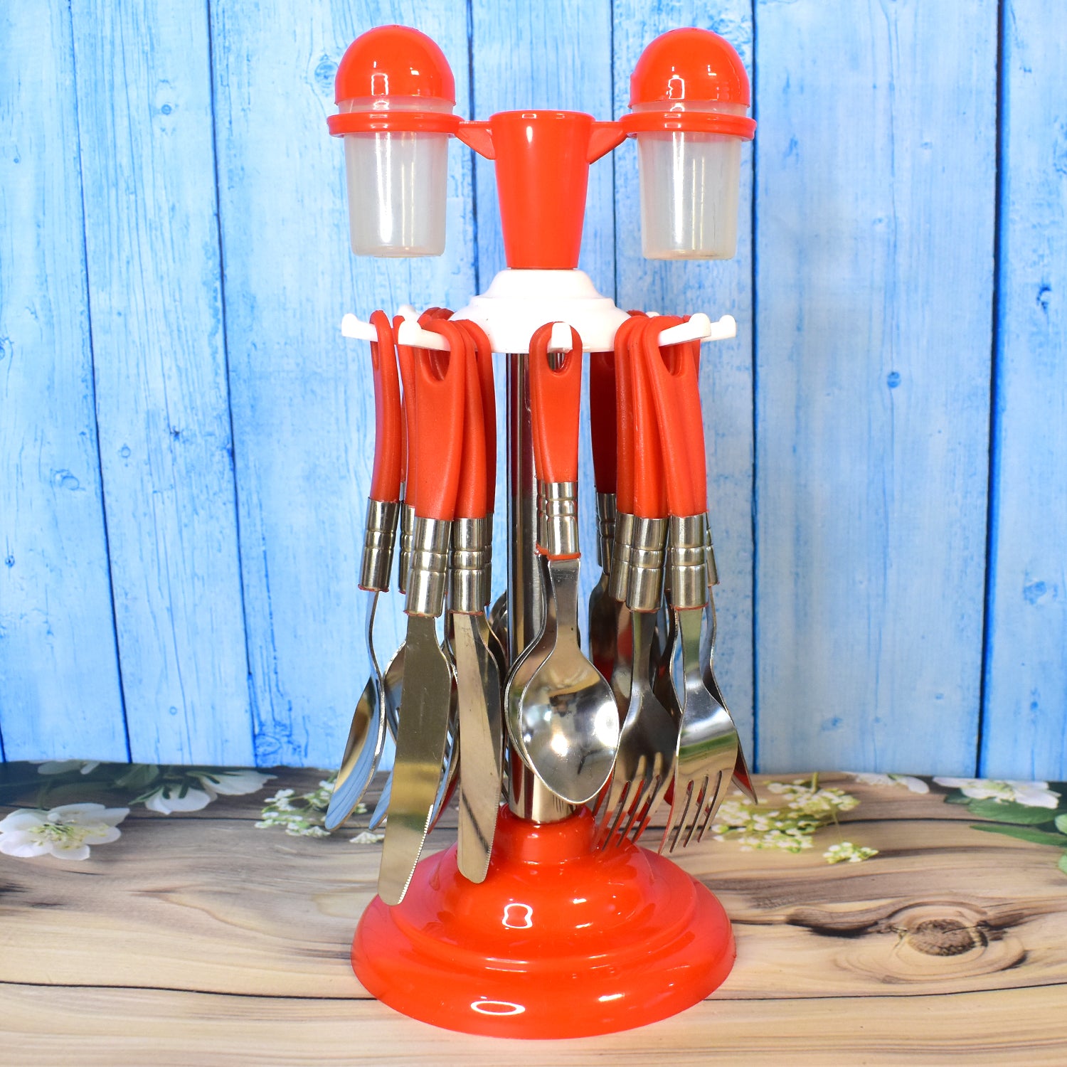 26-piece dining table cutlery set with a stylish red holder for organized storage and easy access