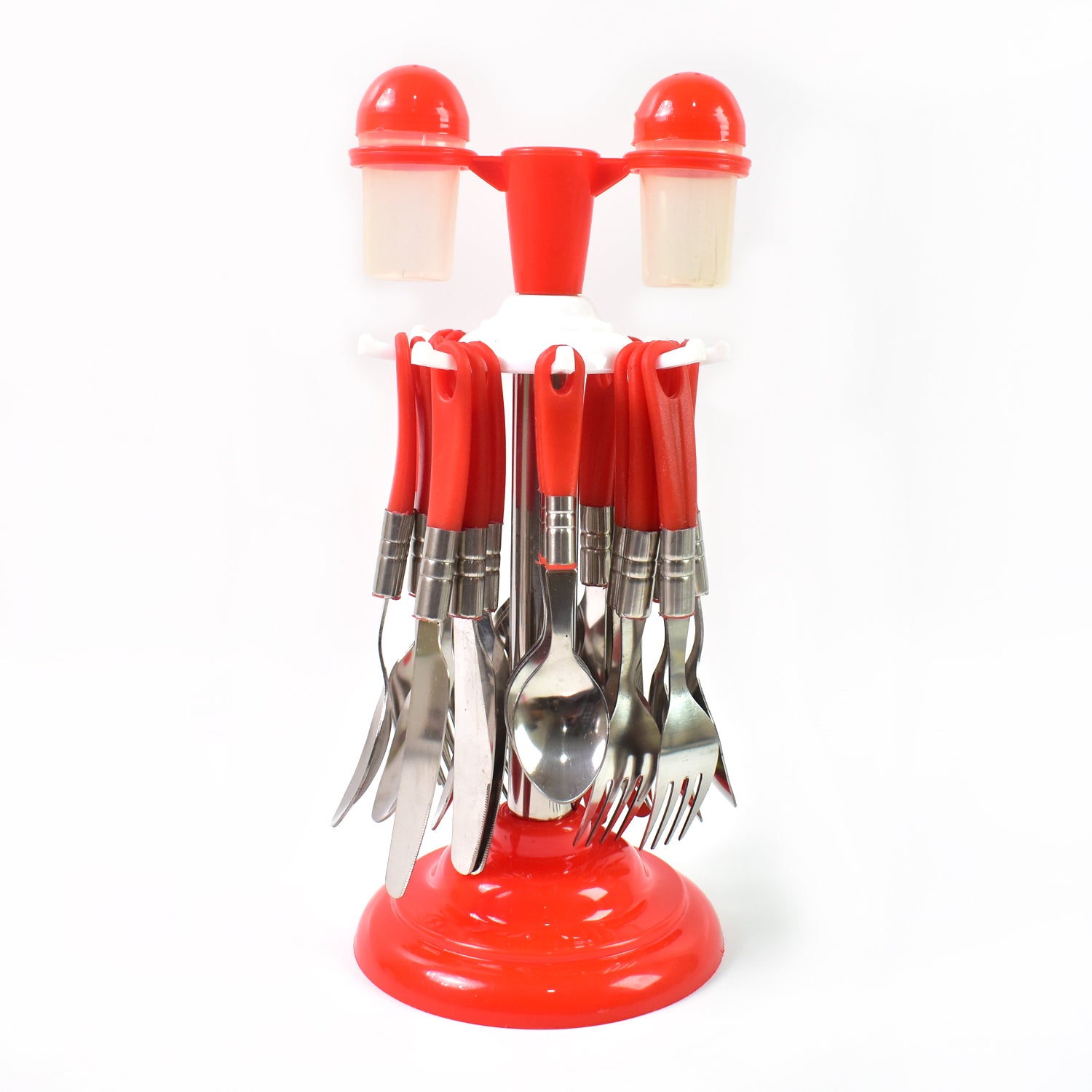 26-piece dining table cutlery set with red handles and a rotating storage stand for easy access