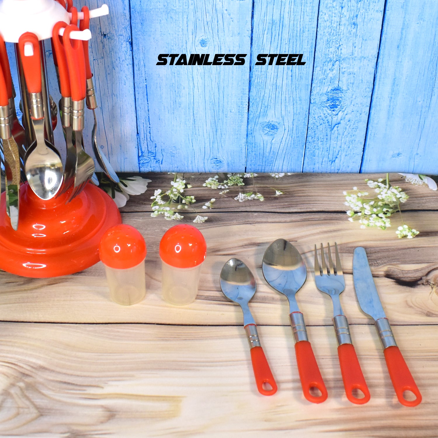 26-piece dining table cutlery set with stainless steel utensils and red handles for everyday dining
