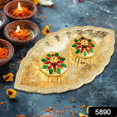 Leaf Shape Special Puja Thali (1 Pc / Mix Design) - 5890_leaf_shape_kumkum_dish_no1