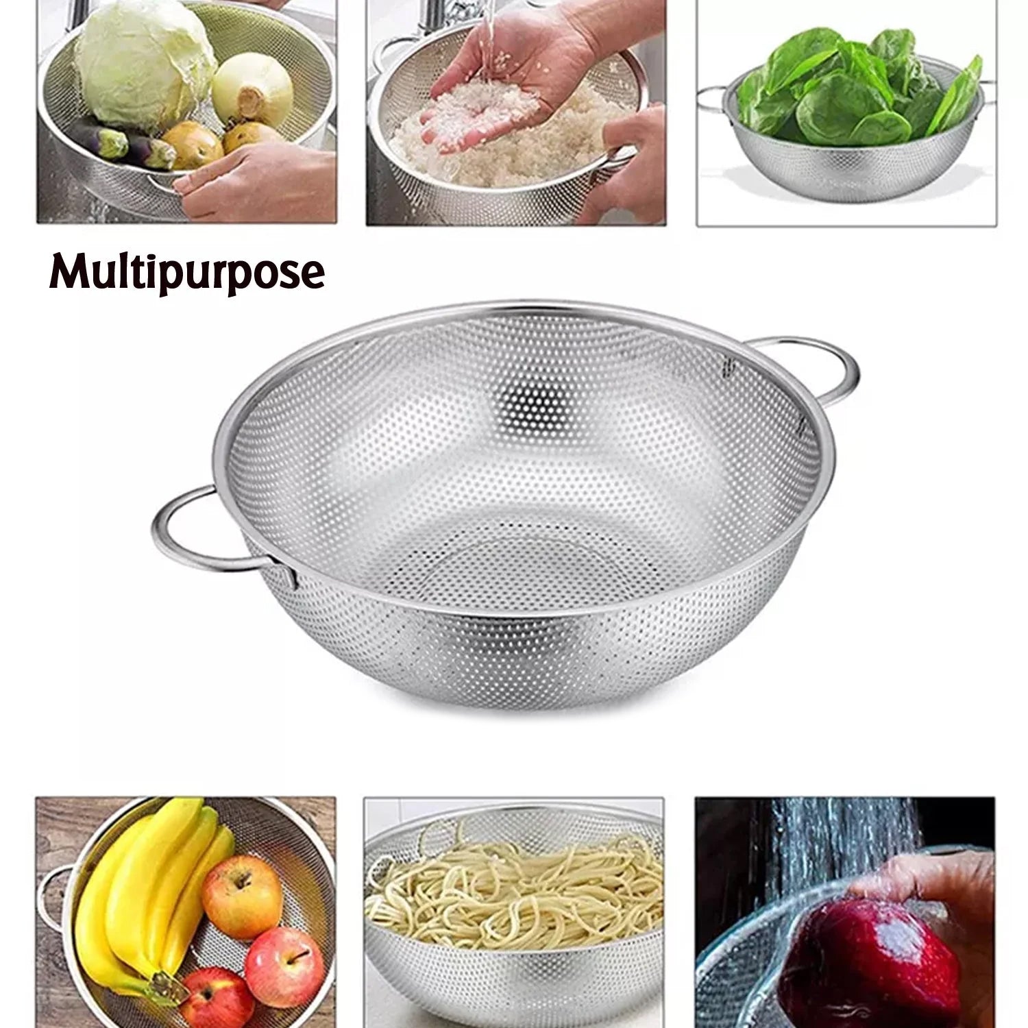 Stainless Steel Colander With Handle | Large Metal Mesh Basket Strainer For Pasta, Spaghetti, Berry, Veggies, Fruits (1 Pc  25.5 Cm)