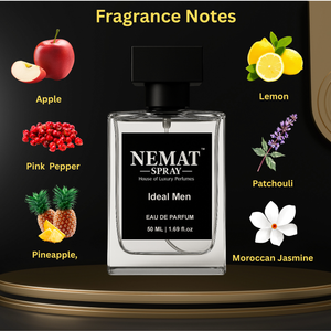 Nemat Ideal Men perfume bottle featuring notes of apple, pink pepper, pineapple, lemon, patchouli, and jasmine.