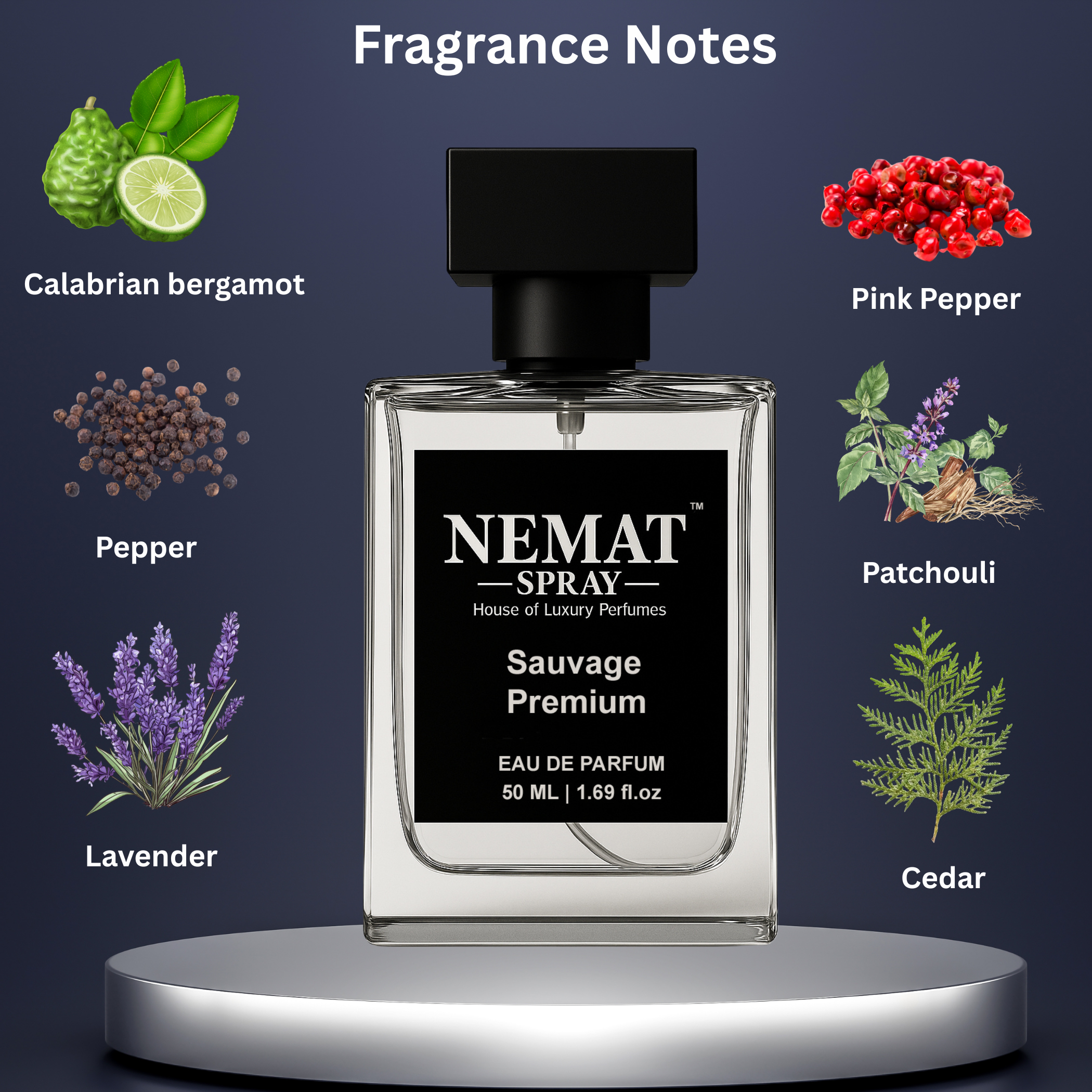 Nemat Sauvage Premium perfume bottle with notes: bergamot, pepper, lavender, pink pepper, patchouli, and cedar.