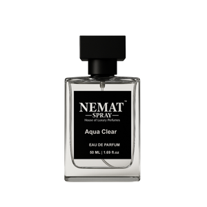 Nemat Aqua Clear 50ml Eau de Parfum: clear glass rectangular bottle with a black square cap and black label.