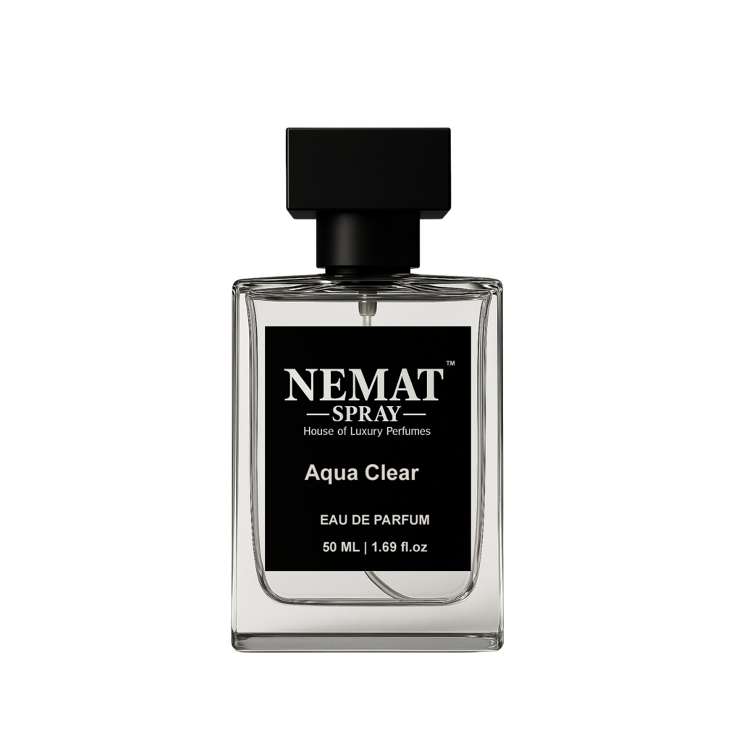 Nemat Aqua Clear 50ml Eau de Parfum: clear glass rectangular bottle with a black square cap and black label.
