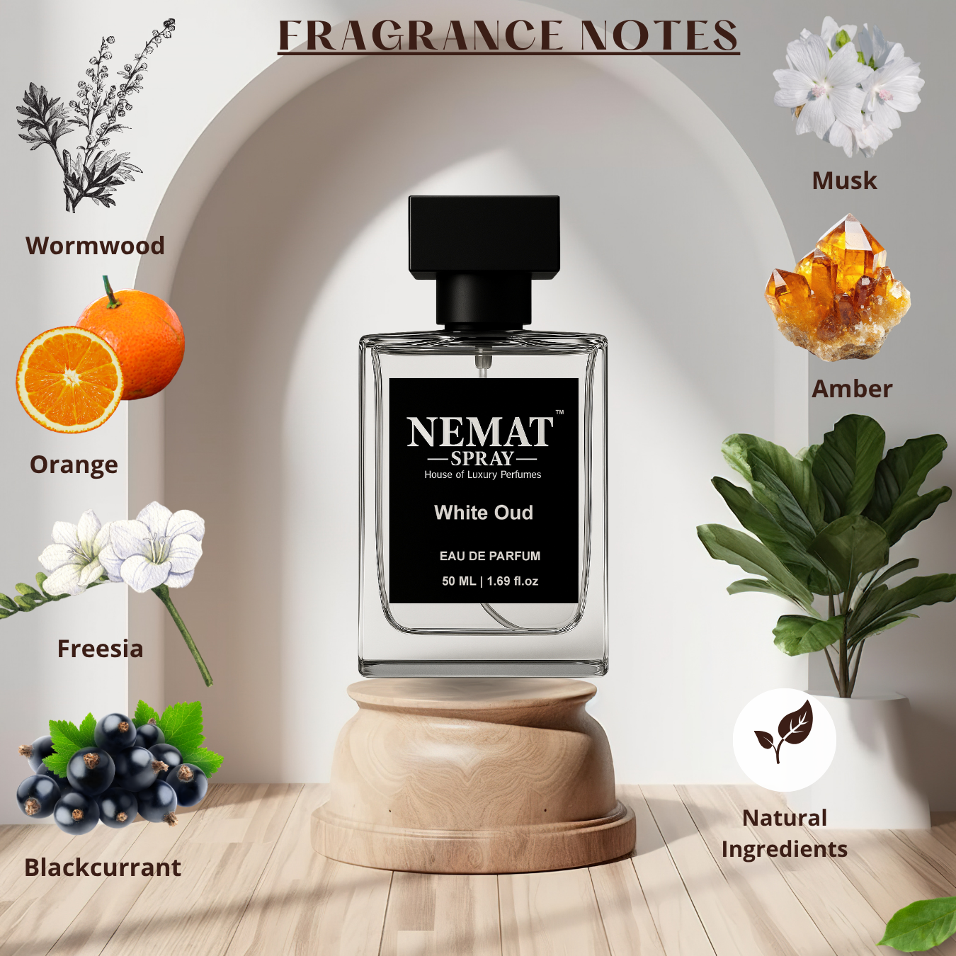 Nemat White Oud perfume bottle on a wooden stand with notes of Orange, Musk, Amber, Blackcurrant, and Freesia.
