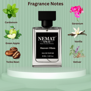 Nemat Heaven Vibes perfume bottle with notes of cardamom, apple, tonka bean, geranium, vanilla, and vetiver.