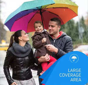A family of four sharing a large, vibrant rainbow umbrella in the rain. The woman on the left wears a black leather jacket and a thick gray knit scarf, while the man on the right wears a dark quilted jacket.