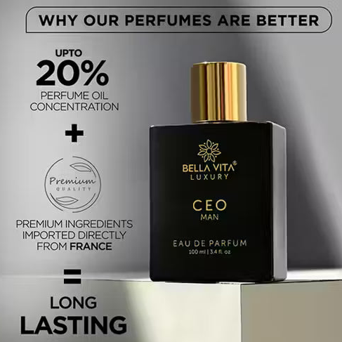 Bella Vita Luxury CEO Man: Black bottle with gold cap. Graphic notes 20% oil concentration and long-lasting scent.