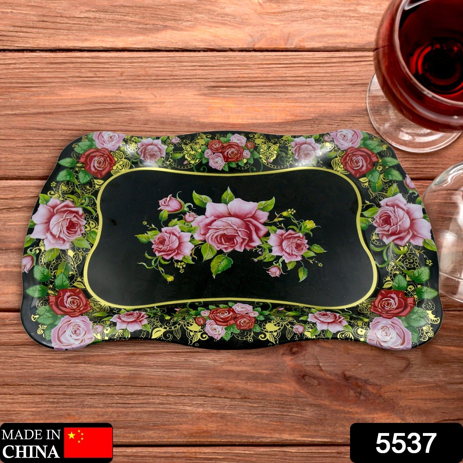 Stainless Steel Serving Tray With Flower Printed Rectangle  Dining Table  - 5537_ss_serving_tray_1pc