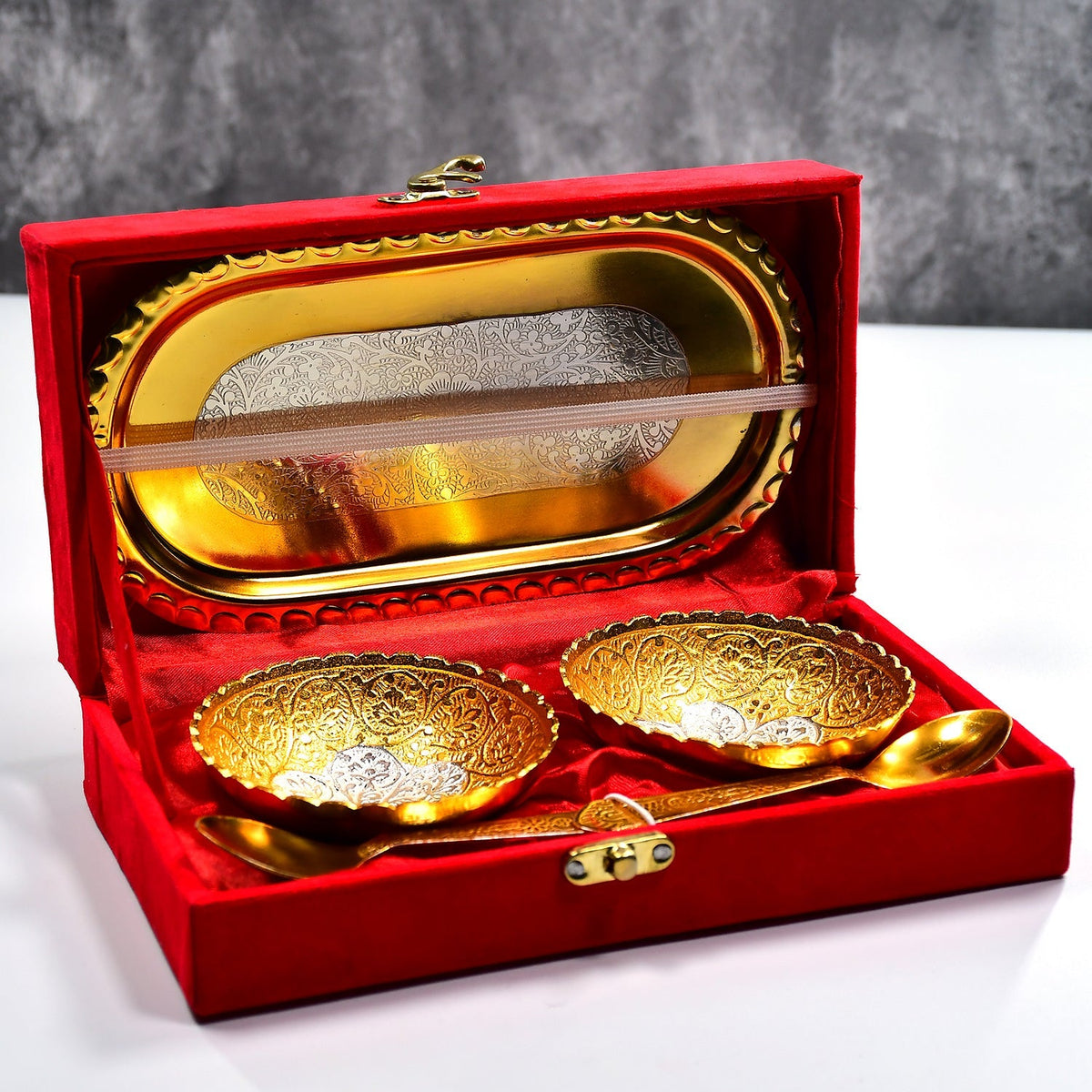 Gold and silver plated 2 bowl 2 spoon tray set in brass with red velvet gift box.