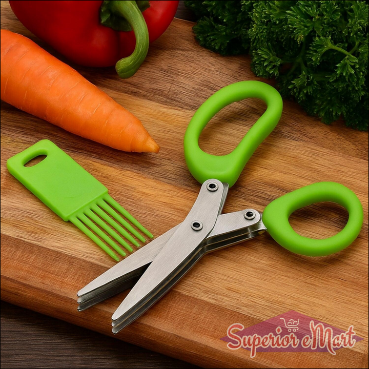 Superior eMart multipurpose kitchen scissors with green handles and a vegetable brush on a wooden cutting board