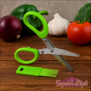 Multipurpose kitchen scissors with green handles, perfect for cutting vegetables in the kitchen
