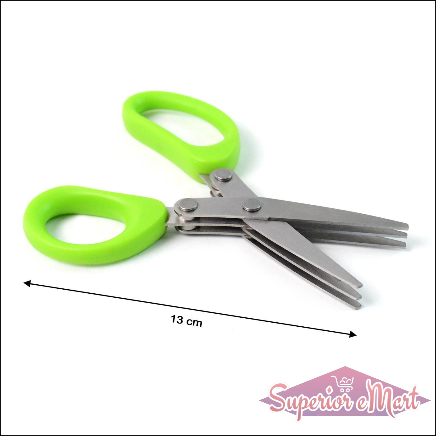 Multipurpose kitchen scissors with green handles and stainless steel blades, 13 cm in length