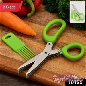 Superior eMart multipurpose kitchen scissors with stainless steel blades on a wooden cutting board