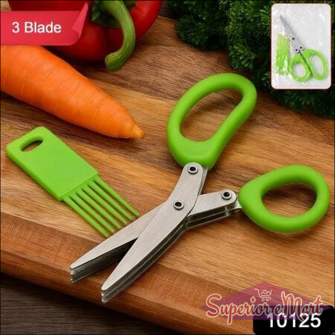Superior eMart multipurpose kitchen scissors with stainless steel blades on a wooden cutting board