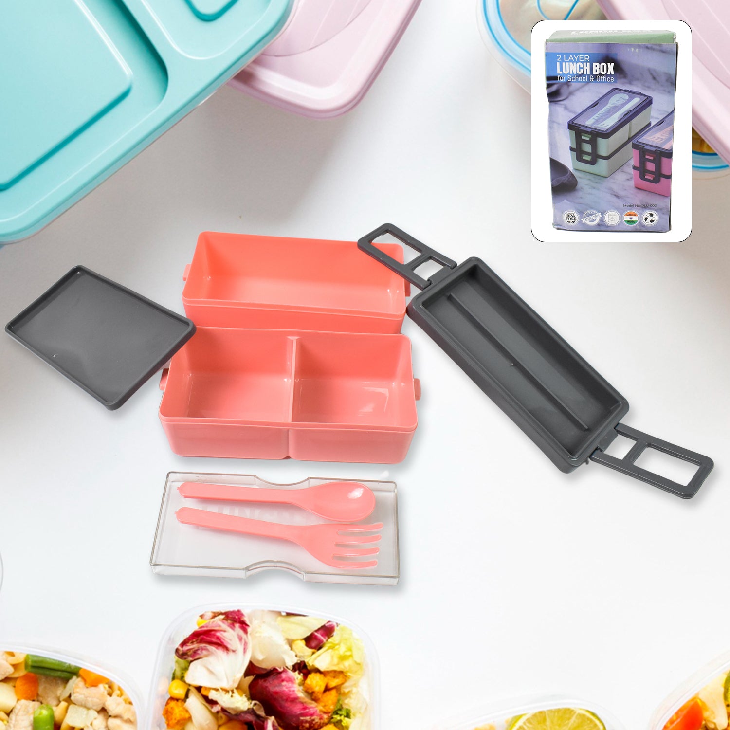 3 compartment lunch box in pink and gray with utensils for meal prep and on-the-go convenience
