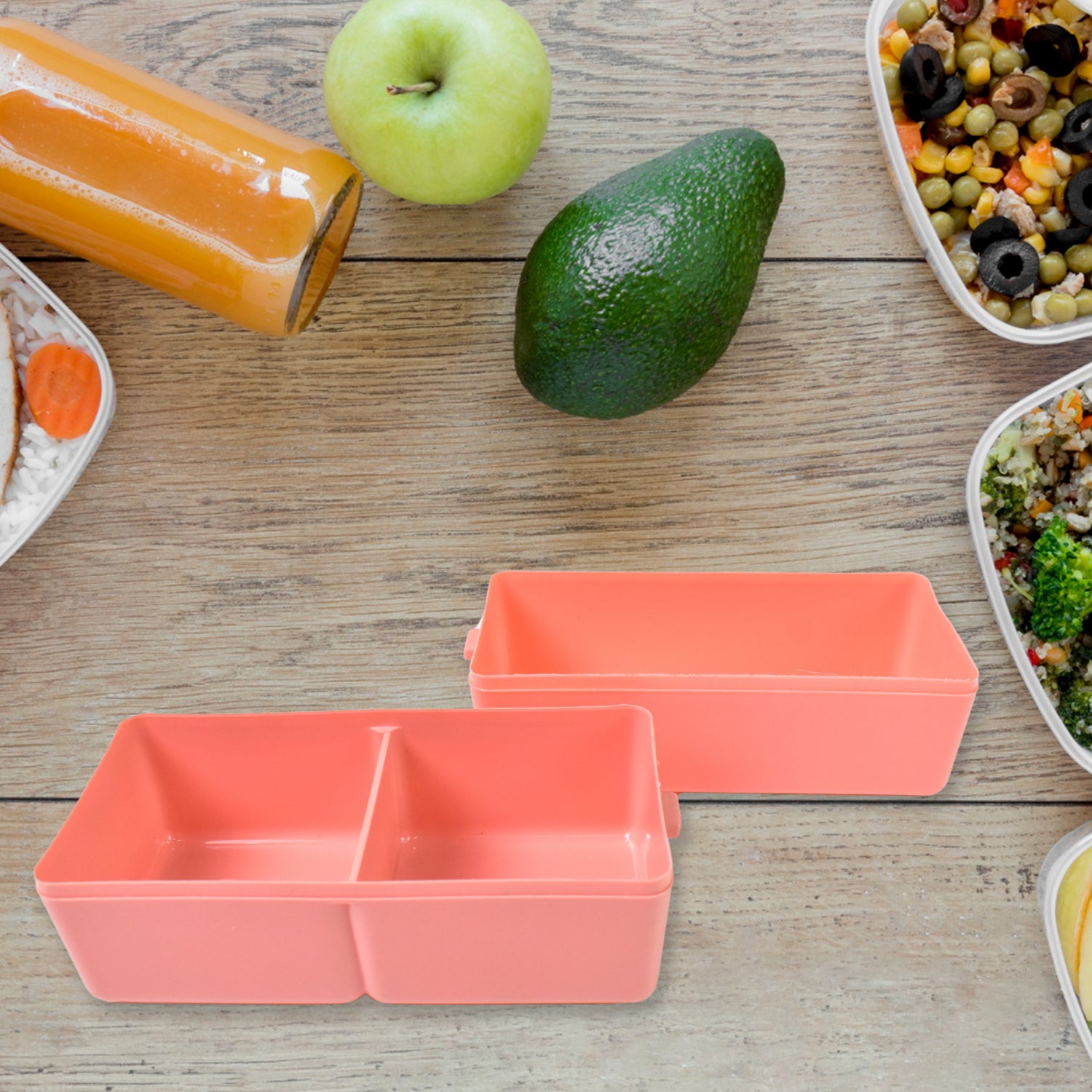 Superior eMart 3 compartment lunch box in vibrant colors with healthy meal options on a wooden table
