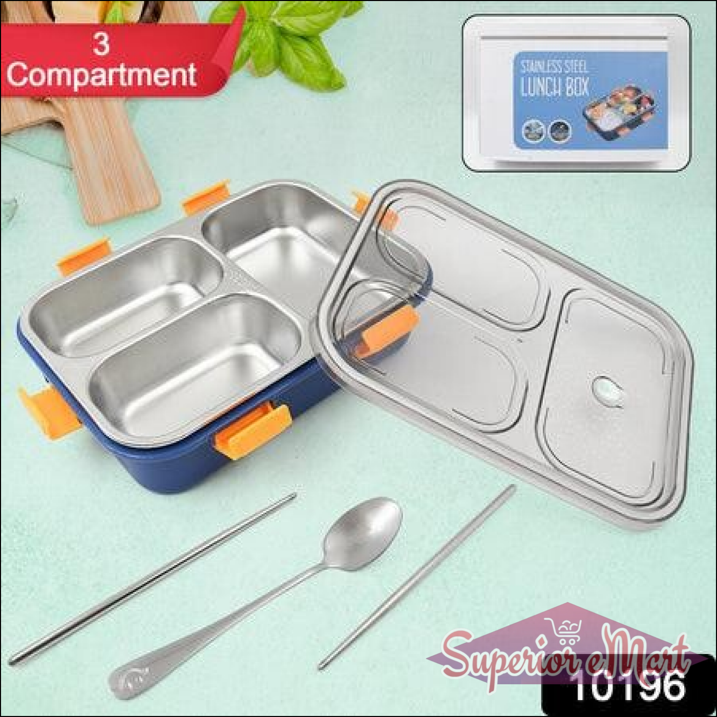 Superior eMart stainless steel lunch box with compartments featuring three sections and utensils