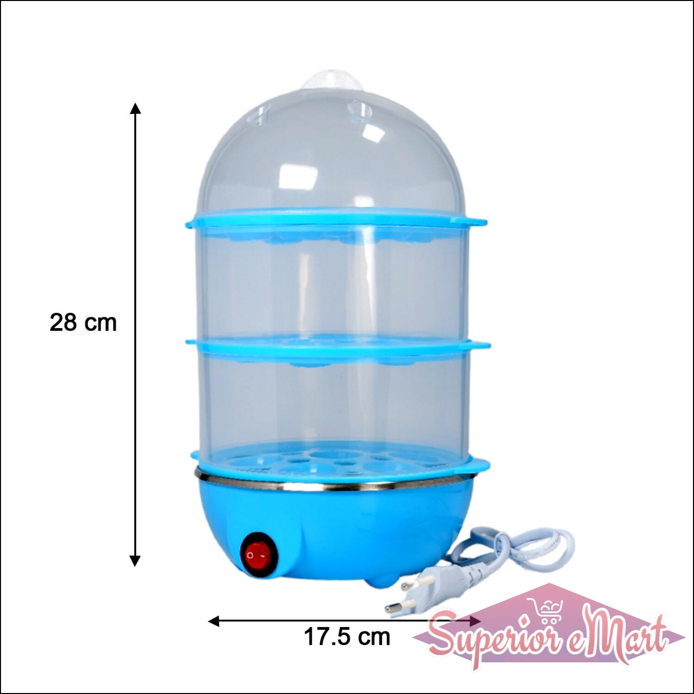 3 tier electric egg boiler with transparent trays and a blue base for easy egg cooking