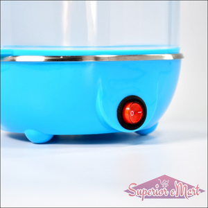 Blue 3 tier electric egg boiler with a power button for easy egg cooking