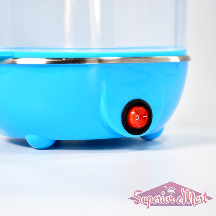 Blue 3 tier electric egg boiler with a power button for easy egg cooking