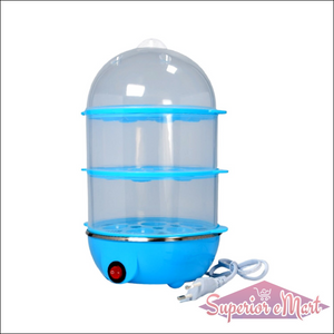 3 tier electric egg boiler in blue with transparent tiers and power cord for easy cooking