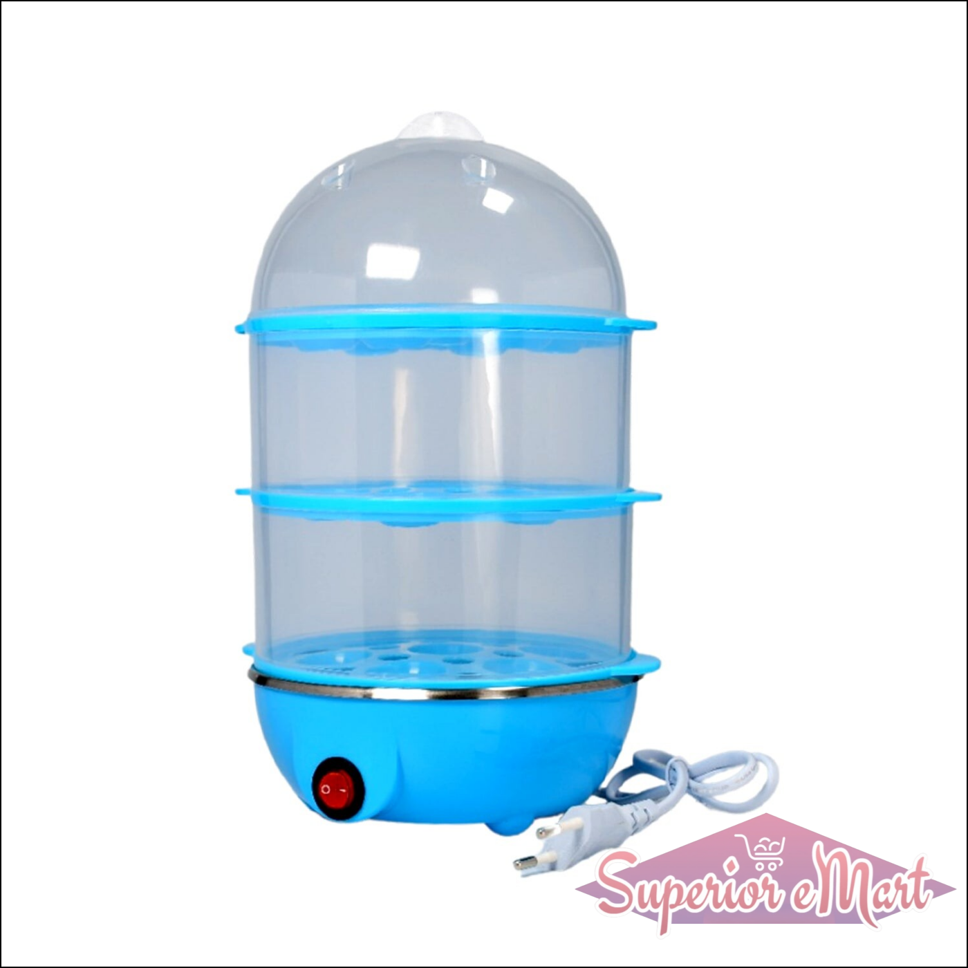 3 tier electric egg boiler in blue with transparent tiers and power cord for easy cooking