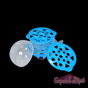 Blue 3 tier electric egg boiler with removable trays for easy egg cooking in the kitchen