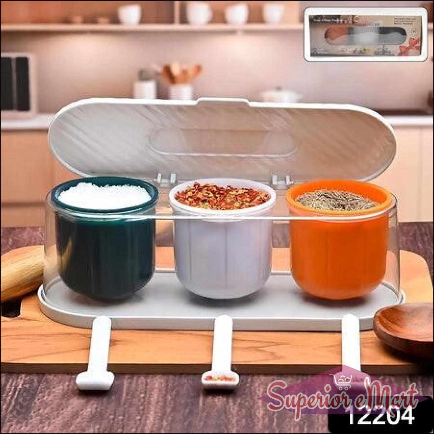 3 grid spice box with spoon featuring three containers for organized spice storage in the kitchen