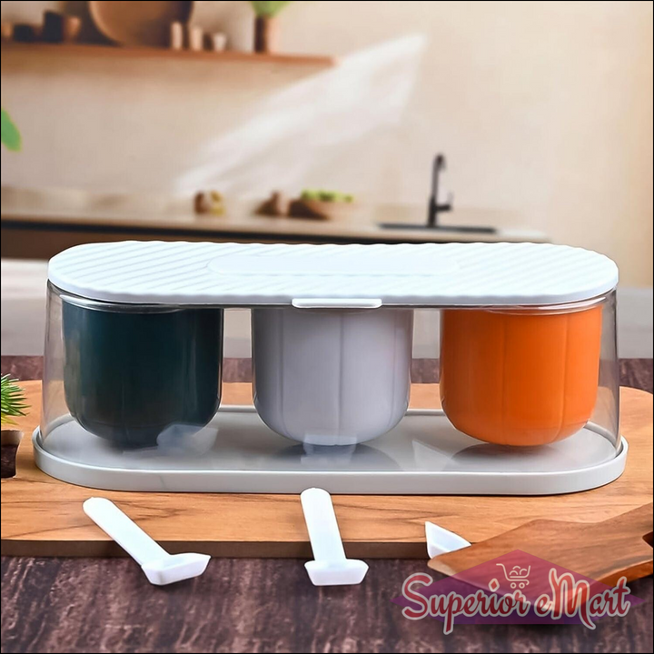 Durable 3 grid spice box with spoon for organized kitchen storage and easy seasoning access