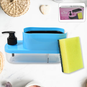 3 in 1 dishwashing dispenser in blue with sponge for efficient kitchen cleaning