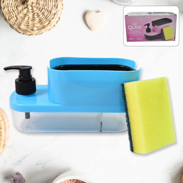 3 in 1 dishwashing dispenser in blue with sponge for efficient kitchen cleaning
