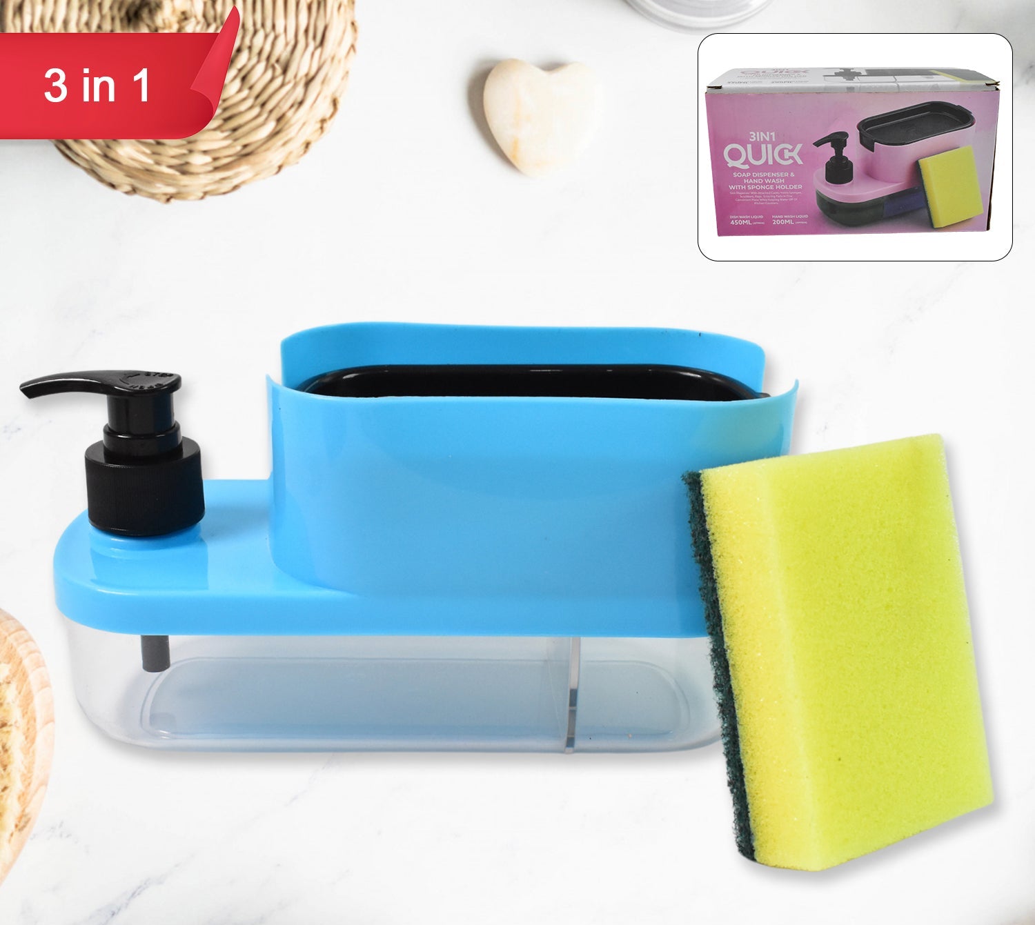 3 in 1 dishwashing dispenser in blue with pump and sponge holder for easy kitchen cleaning