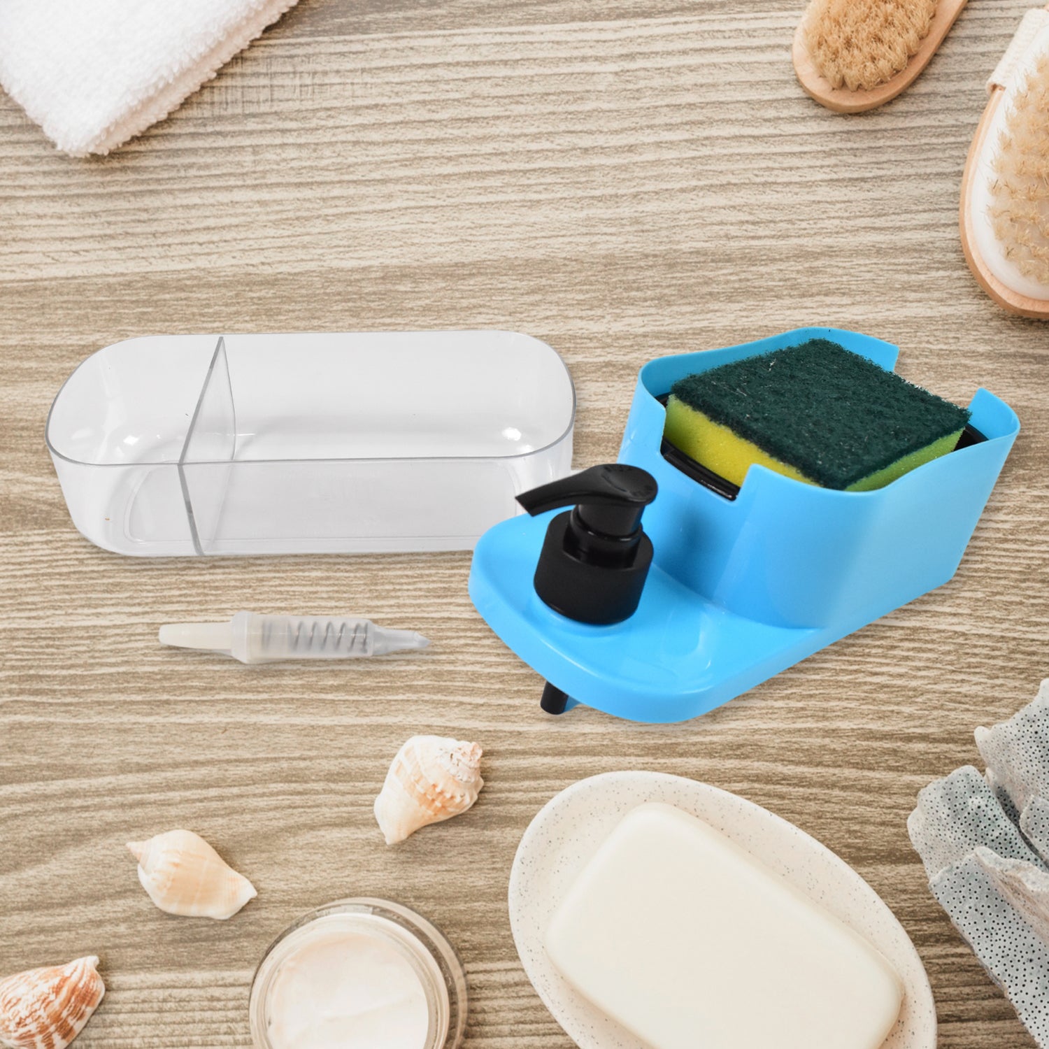 Superior eMart 3 in 1 dishwashing dispenser with sponge and soap for efficient kitchen cleaning
